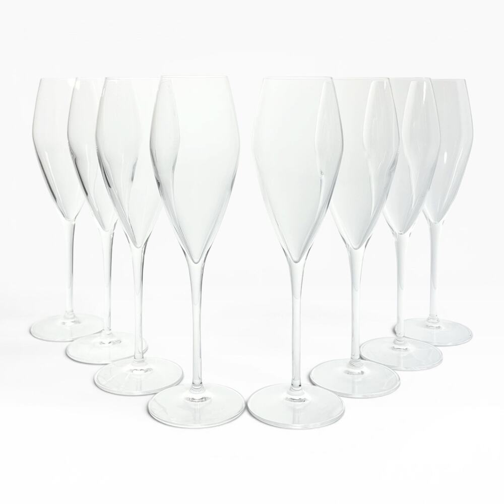 Luigi Bormioli “Atelier” Set of 8 Fluted Champagne Glasses 10” 10oz Signed